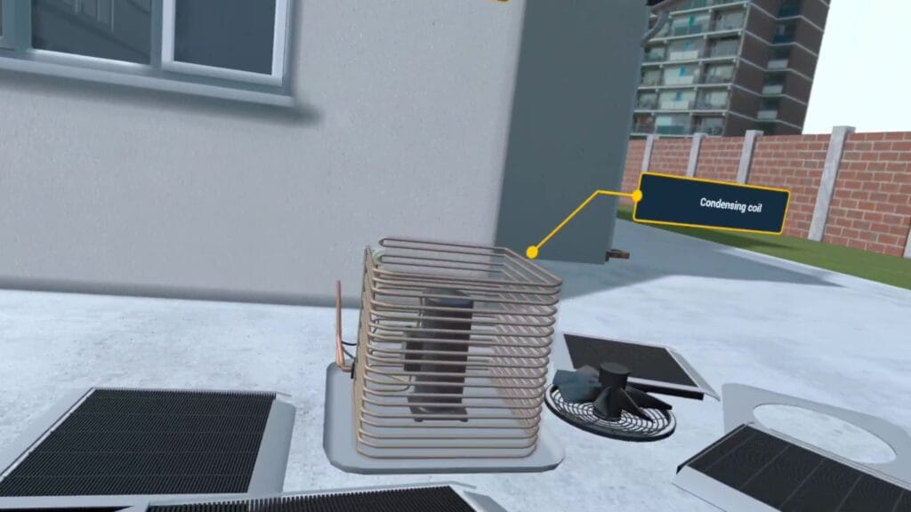 ImmerseLearn VR simulation showing the condensing coil inside an outdoor HVAC unit for interactive training