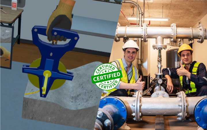 Split image showing a VR plumbing simulation with a pipe clamp and two certified plumbers inspecting large industrial pipes, representing immersive plumbing training and real-world applications.