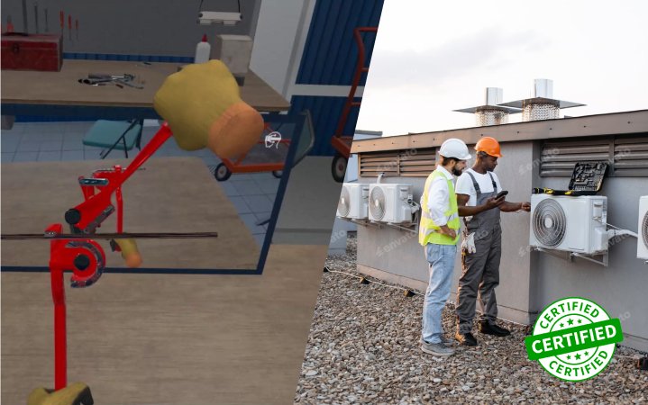 A split-screen image showcasing hands-on HVAC training using virtual simulations on the left and certified HVAC professionals working on outdoor air conditioning systems on the right.