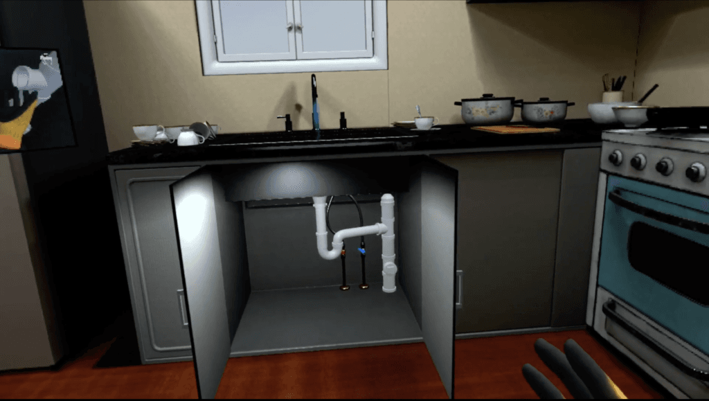 A virtual reality kitchen scene showing an open cabinet beneath a sink, revealing detailed white PVC plumbing pipes and hot and cold water supply lines.