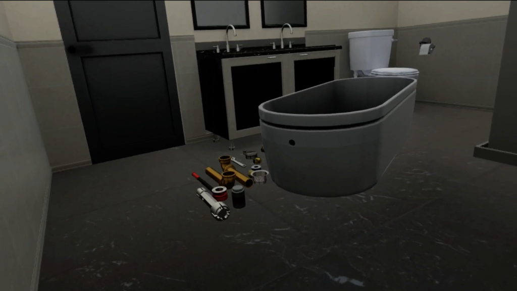 Modern bathroom simulation with plumbing tools and detached bathtub from ImmerseLearn training content