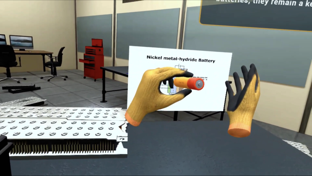 Virtual training simulation showing gloved hands holding a NiMH battery in front of a safety diagram — created by ImmerseLearn