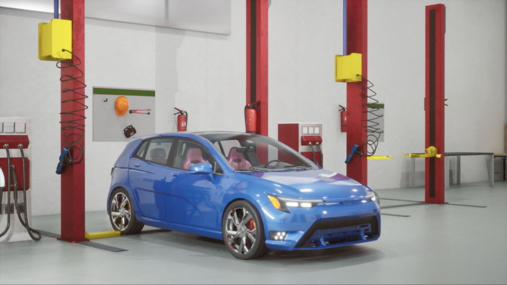 Blue compact car in a virtual auto shop with hydraulic lifts, part of ImmerseLearn's automotive training module
