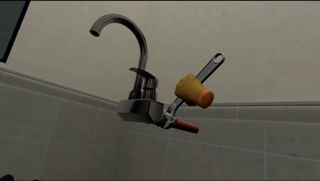 Faucet with lever handle and yellow sponge attachment in a tiled virtual bathroom environment