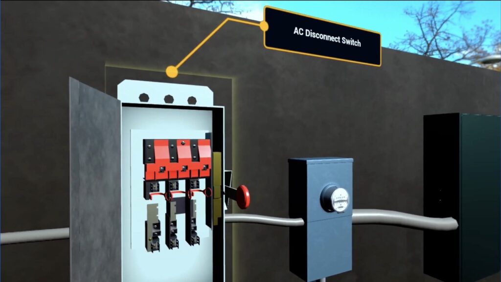 AC disconnect switch in a virtual environment. ImmerseLearn's VR program helps prepare for NABCEP certification.