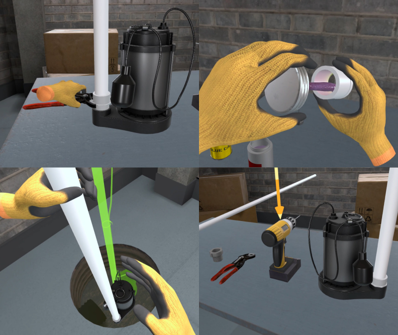 Collage of sump and sewage pump installation