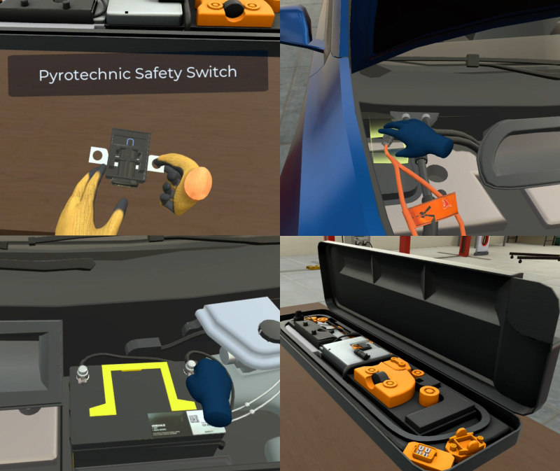 EV technician wearing VR headset practicing electric safety in EV manufacturing with immersive training simulation modules