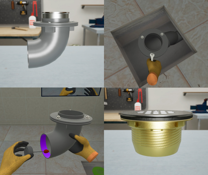 Technician installing floor and area drains in a virtual plumbing training simulation for immersive hands-on learning