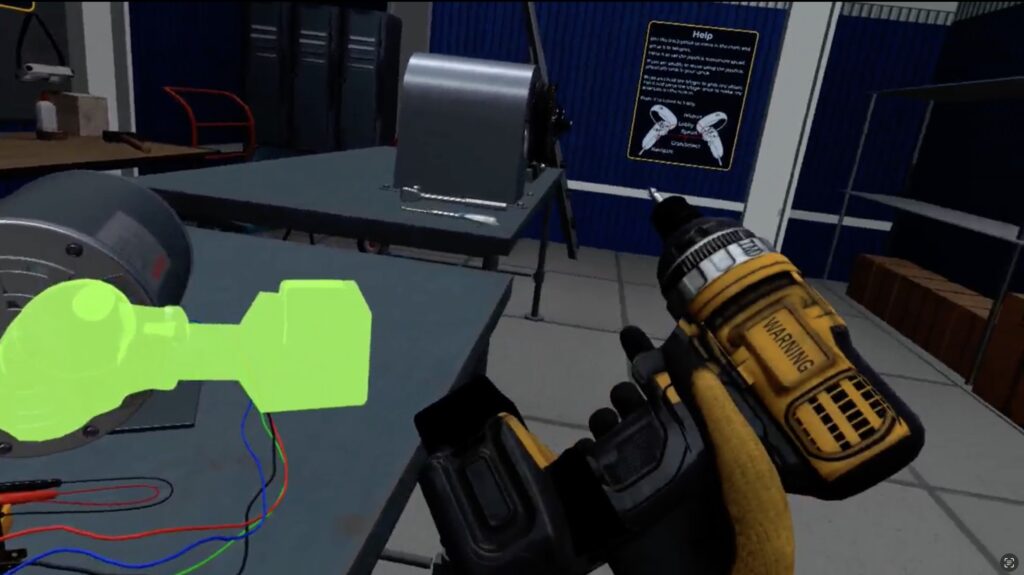 VR-based immersive training simulation showing a virtual hand holding a drill in a realistic technical workspace